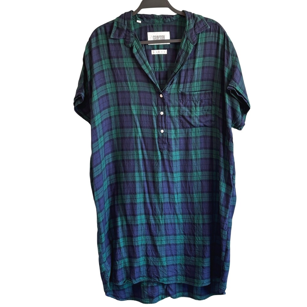 Grayson Artist Shirt Dress Tartan Green Navy Plaid 03 M/L Lyocell Relaxed Fall